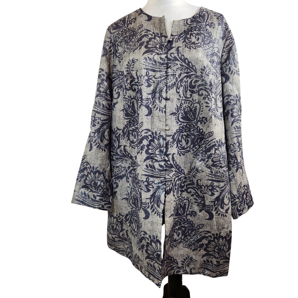Victor Costa Occasion Womens 1X Linen Blend Paisley Print‎ Jacket Coat Blue Tan